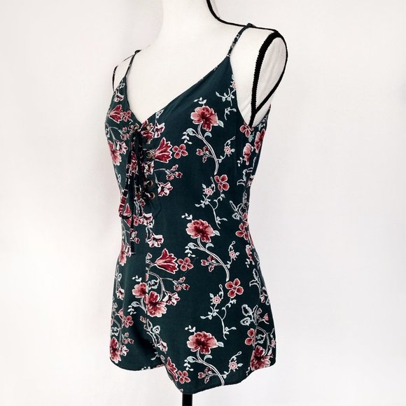 Forever 21 Green Lace-Up Floral Cami Open Back Romper Size S - Picture 5 of 14